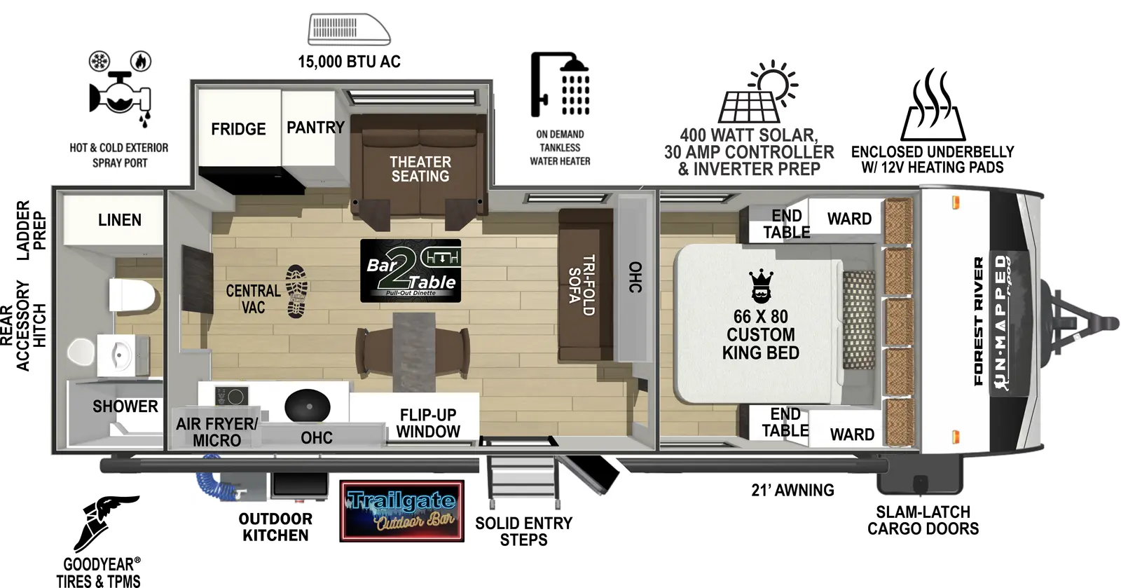 The Un-Mapped 26ML floorplan has one entry and one slide out. Exterior features include: fiberglass exterior, 21' awning and outside kitchen. Interiors features include: front bedroom and rear bathroom.